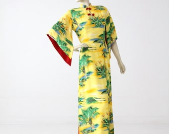 1950s Hale Hawaii dress, yellow rayon maxi dress