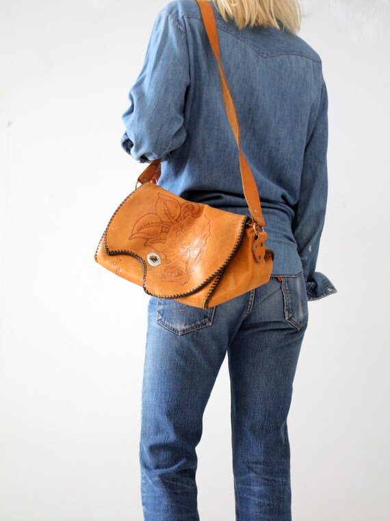 1970s tooled leather satchel bag