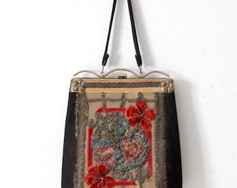ヴィンテージブラックフローラルビーズハンドバッグ - ハンドメイド菊