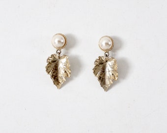 vintage drop earrings, faux pearl foliage earrings, costume jewelry