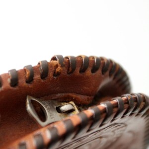 May include: Close-up of a brown leather coin purse with a zipper closure. The purse has a decorative stitched design around the edge.