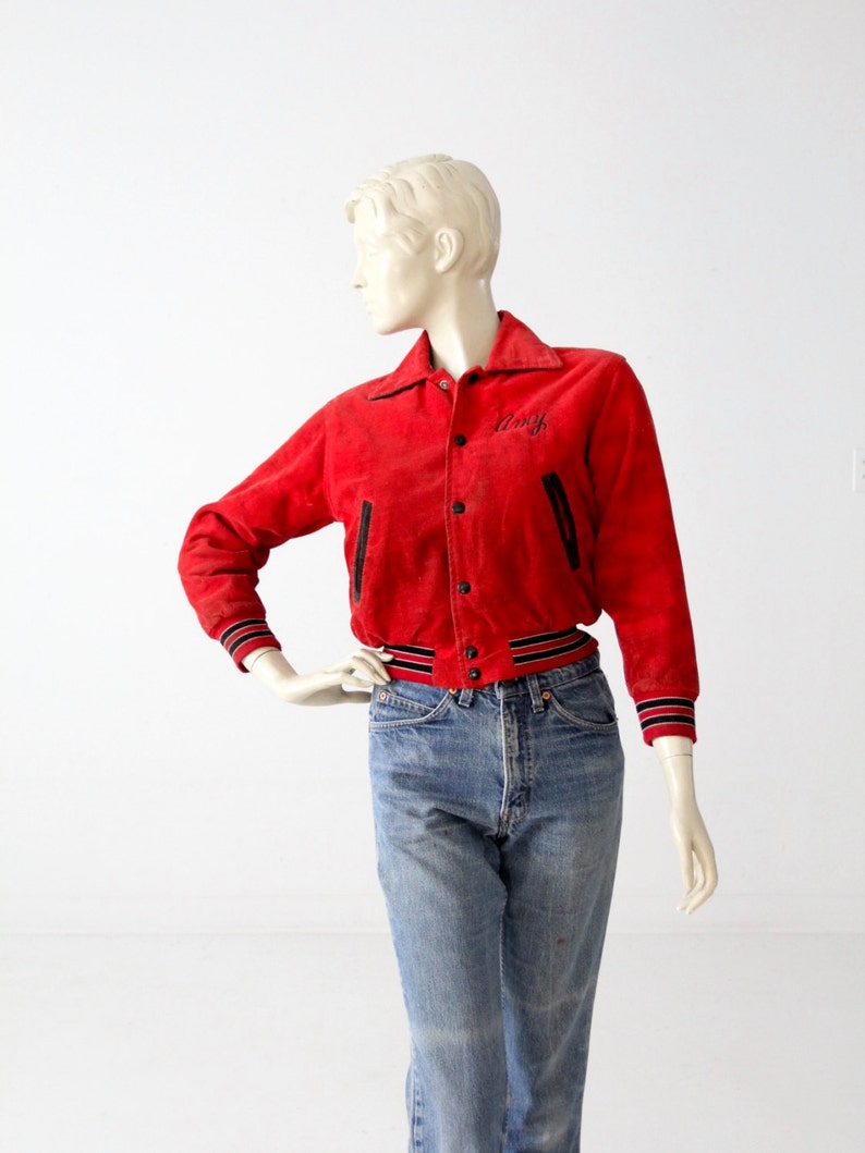 1980s soccer jacket, vintage red corduroy coat, school sport jacket image 2
