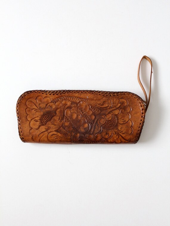 tooled leather wristlet, vintage 60s hand-tooled l