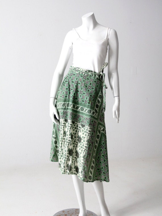 vintage 70s wrap skirt, boho green block print sk… - image 3