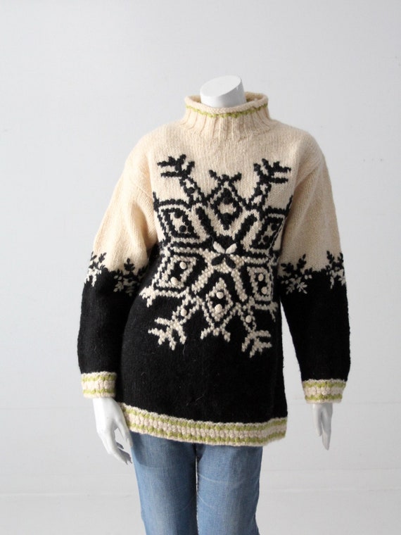 vintage hand-knit mock-neck snowflake sweater