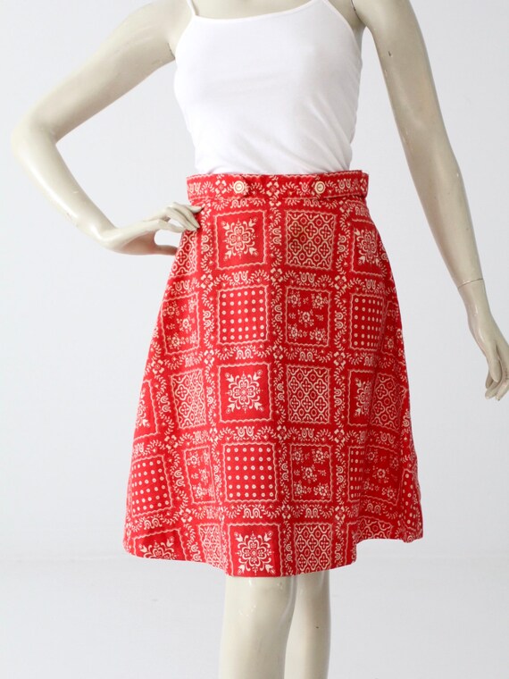 vintage 70s bandana print skirt, red western skirt - image 3
