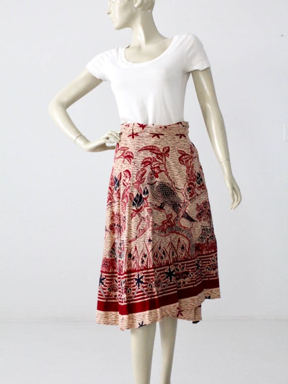 1970s India cotton wrap skirt, bird print hippie s