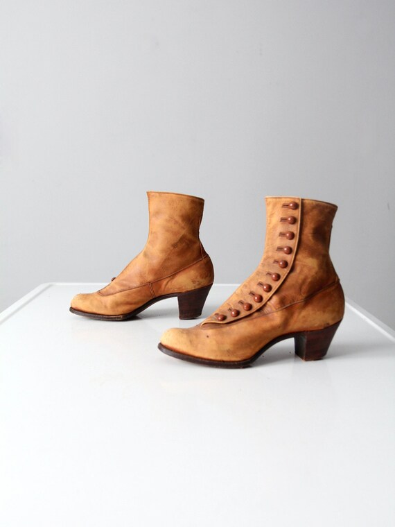 Edwardian leather boots - tan side button up boots - image 4