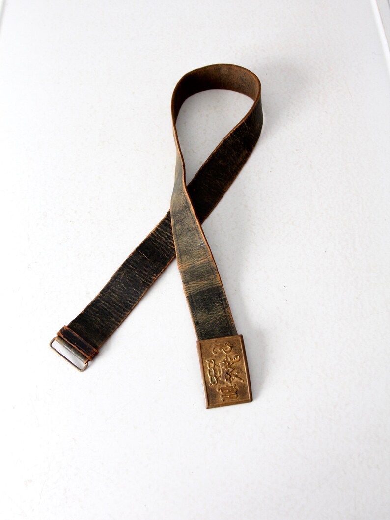 black leather belt with brass buckle vintage Odd Fellows belt and buckle