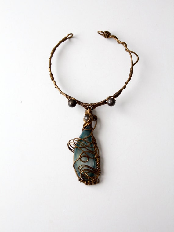 vintage 60s brutalist necklace with blue agate pen
