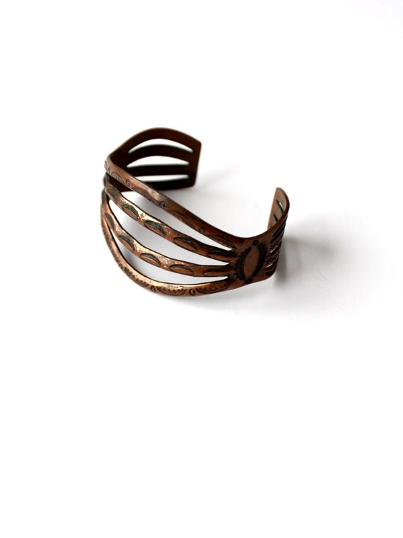 1970s copper cuff, etched copper bracelet