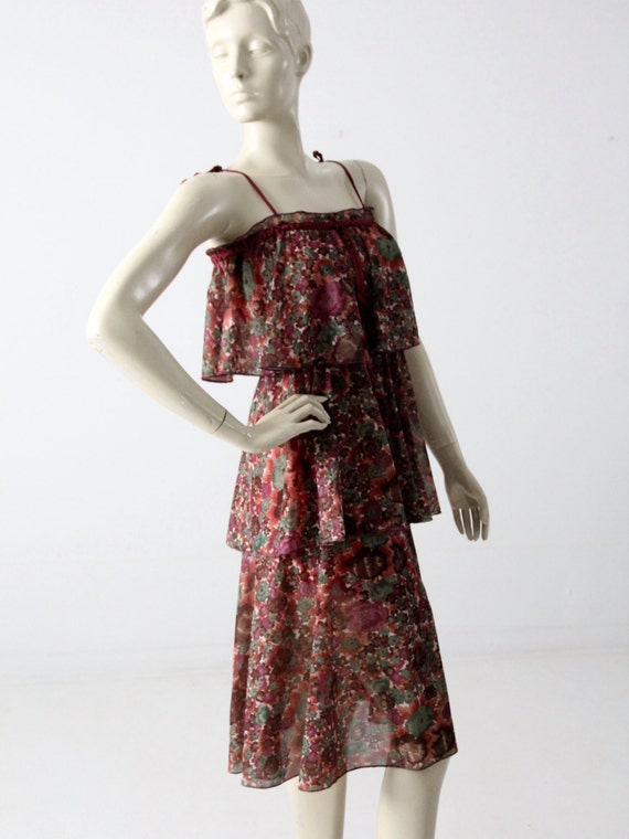 1970s tiered watercolor dress, vintage sheer flor… - image 2