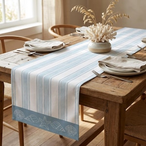 Peut inclure: Chemin de table à rayures bleues et blanches avec un motif côtier. Le chemin de table présente une bordure avec des illustrations de coquillages et d'étoiles de mer. Il est posé sur une table en bois dressée pour un repas.