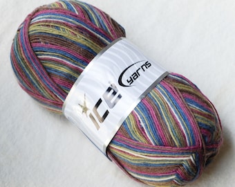 Self Striping Sock Yarn, Superwash Wool, Orchid Blue White Green Brown, Sale, Fingering Weight, 100 g, 059496