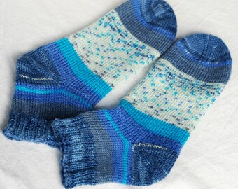 Wool Socks, Hand Knitted, Superwash, Wide Blue Stripes, Women Socks