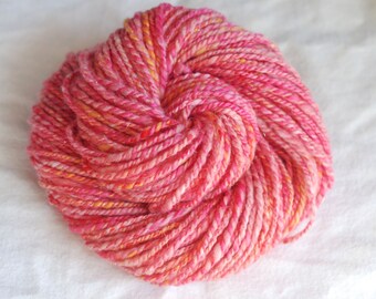 Pure Cashmere Handspun Yarn, Pink Shades and Yellow, Bulky, Hand Carded, 99 yards