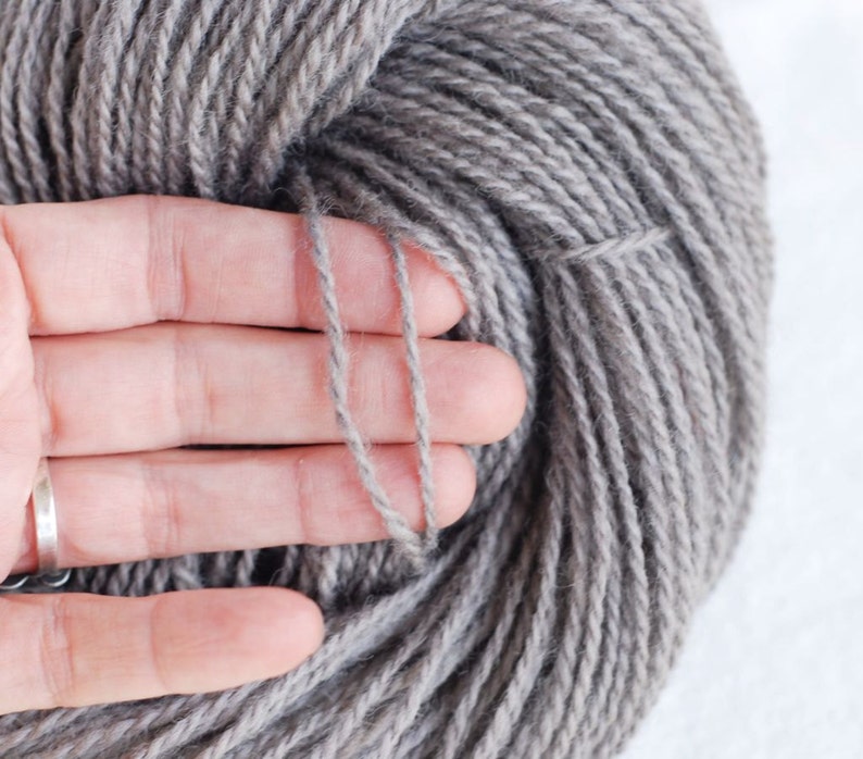 Puede incluir: Un ovillo de lana gris, sostenido en una mano, que muestra la textura y el color de la lana.