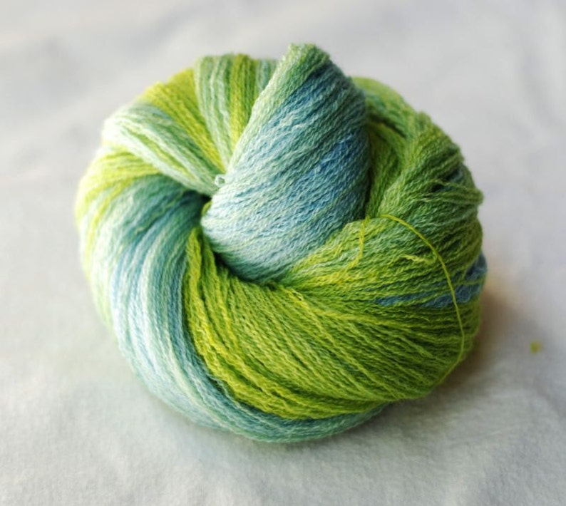 Blue Hand Dyed Hand Painted Recycled Green-Yellow Merino Gradient Yarn lot #6 Lace Weight 504 yards