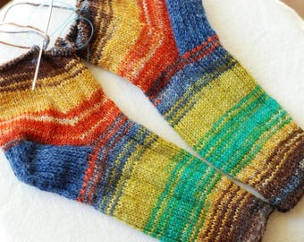 Bright Variegated Sock Yarn, Superwash Wool – Greens, Browns, Jean Blue & Orange, 100g, 081947