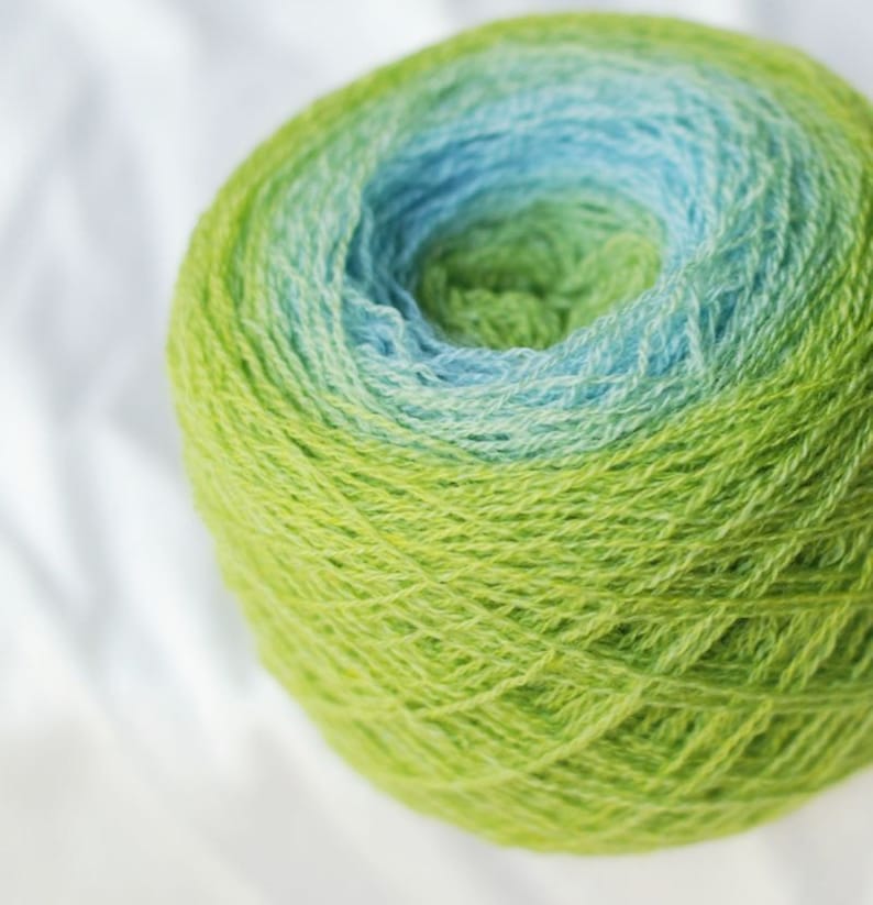 Blue Hand Dyed Hand Painted Recycled Green-Yellow Merino Gradient Yarn lot #6 Lace Weight 504 yards