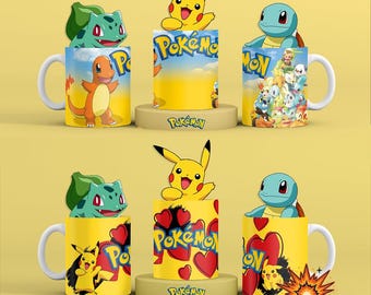 Pokemon sublimation mug pack with 20 designs in 300 DPI PNG format, ideal for personalized mugs and gifts. Creative and fun.