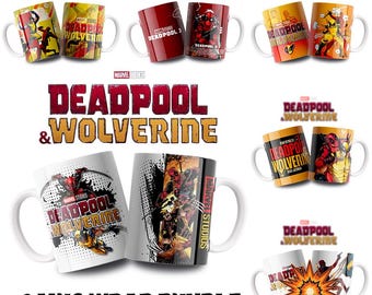 Deadpool & Wolverine sublimation mug pack with 06 designs in 300 DPI PNG format, ideal for personalized mugs and gifts. Creative and fun.