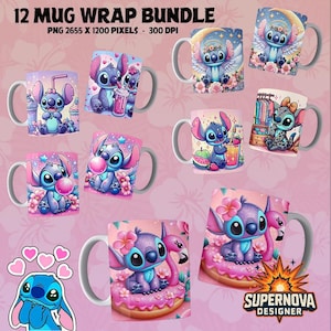 Op de afbeelding: Een bundel van 12 keramische mokken met kleurrijke illustraties van een stripfiguur. Elke mok heeft een ander ontwerp, waaronder het personage met bloemen, drankjes en andere decoratieve elementen. De mokken hebben grijze handvatten.