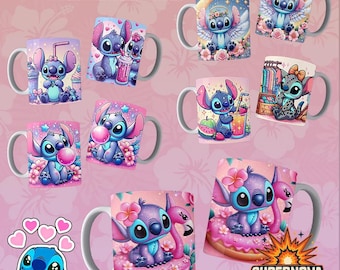 Lilo and Stitchh sublimation mug pack with 12 designs in 300 DPI PNG format, ideal for personalized mugs and gifts. Creative and fun.