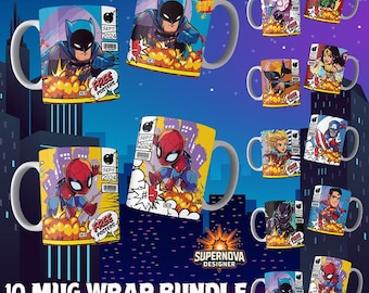 Super hero geek sublimation mug pack with 10 designs in 300 DPI PNG format, ideal for personalized mugs and gifts. Creative and fun.