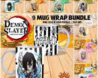Demon Slayer Anime sublimation mug pack with 09 designs in 300 DPI PNG format, ideal for personalized mugs and gifts. Creative and fun.