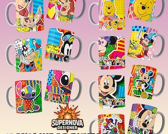 Color drawing sublimation mug pack with 15 designs in 300 DPI PNG format, ideal for personalized mugs and gifts. Creative and fun.