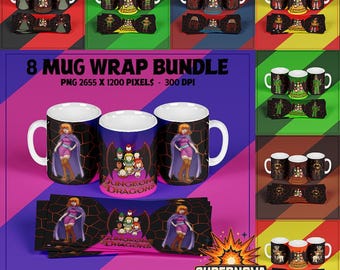 Dungeonns DnD sublimation mug pack with 08 designs in 300 DPI PNG format, ideal for personalized mugs and gifts. Creative and fun.