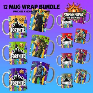 Puede incluir: Un conjunto de 12 tazas de cerámica con varios diseños de personajes de Fortnite. Cada taza tiene un asa blanca y un diseño envolvente colorido con el logotipo de Fortnite. El texto "12 MUG WRAP BUNDLE" está en la parte superior.