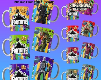 Fort Gaming sublimation mug pack with 12 designs in 300 DPI PNG format, ideal for personalized mugs and gifts. Creative and fun.