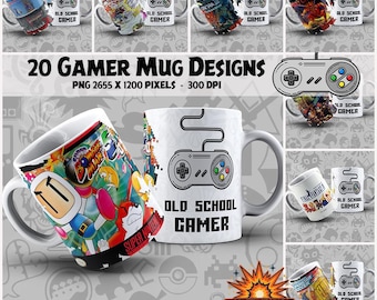 Gamer mug designs, sublimation mug pack with 20 designs in 300 DPI PNG format, ideal for personalized mugs and gifts. Creative and fun.