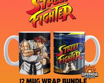 Street Fighter sublimation mug pack with 12 designs in 300 DPI PNG format, ideal for personalized mugs and gifts. Creative and fun.