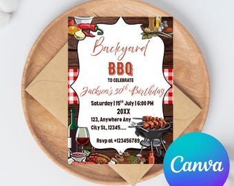 BBQ Birthday Invitation,BBQ Birthday Party,Barbecue Grill and Chill Invite,BBQ Red Gingham Backyard Party,Instant Download,Editable,Canva
