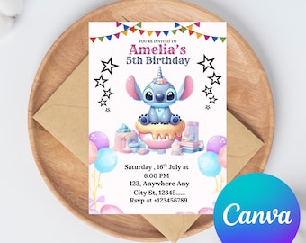 Editable Stitch Birthday Invitation, Editable & Printable Template, Cute Stitch Party Invite, Canva Template, Instant Download, Girls invite