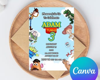 Szablon zaproszenia urodzinowego Toy Story, zaproszenie Toy Story, dekoracje tematyczne Toy Story dla dzieci, edytowalne zaproszenie urodzinowe Toy Story