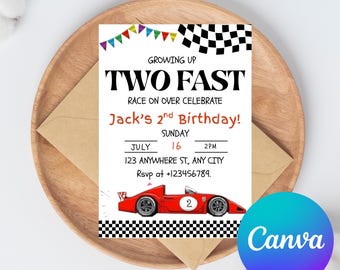 Editable TWO Fast Birthday Invitation Race Car 2nd Birthday Invite Racing Car Vintage Racecar Printable Template Instant Download