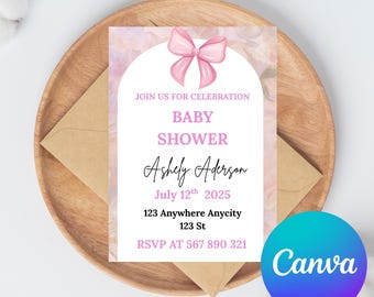 Editable Pink Bow Birthday Invitation – Pink Coquette Bow Invite Canva Template – Ribbon Girls Birthday Party Digital Invite Card