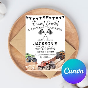 Monster truck Birthday Invitation editable template birthday party Invite Printable Canva instant download monster trucks Boys Birthday