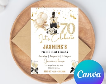 Editable 70th Birthday Invitation Gold Theme Seventy Invite Template for Adults, Canva Template Adult Birthday Invitation Template