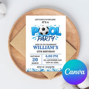 Editable Football Pool Birthday Invitation, Pool Party Birthday Invite, Sports Summer Party Invitation, Football Invitation Template