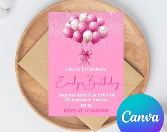 May include: A pink birthday invitation featuring a balloon bouquet and a bow. The text reads "Join Us To Celebrate Emily's Birthday" with event details. The Canva logo is visible. The invitation is on a wooden plate.
