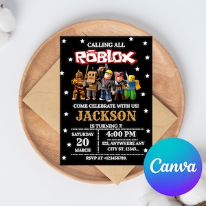 May include: Black invitation card with the Roblox logo and characters. The card says "Calling All Roblox" and "Come Celebrate With Us!" for Jackson's 7th birthday. Includes date, time, and RSVP information.