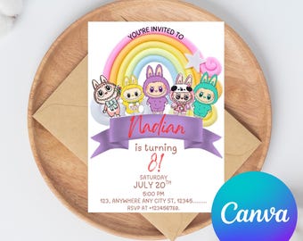Invito di compleanno Labubu, festa di compleanno Labubu, modello di invito, invito per festa stampabile, modello modificabile Canva, download immediato