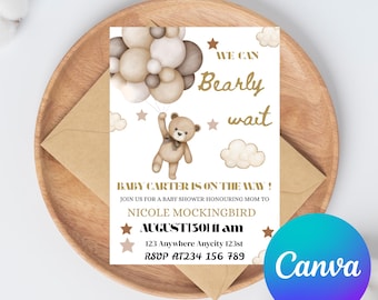 Invitación editable para baby shower con diseño de oso neutro en cuanto al género, invitación para baby shower de We Can Bearly Wait, baby shower con diseño bohemio de oso marrón y beige