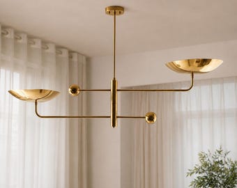 Modern Brass 2-Light Pendant Chandelier | Mid Century Ceiling Light, Dining Room Fixture
