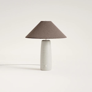 Minimalist Concrete Table Lamp with Brown Fabric Shade – Modern Scandinavian Bedside Light